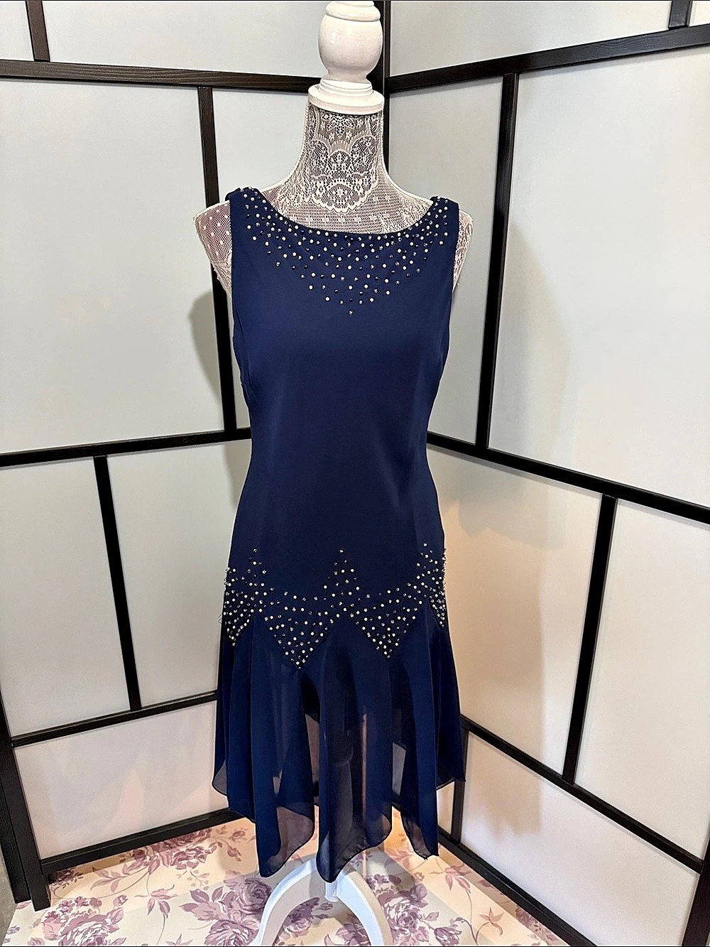 SL fashions Beaded Draped Back Dress in Blue Size 12P Like New
